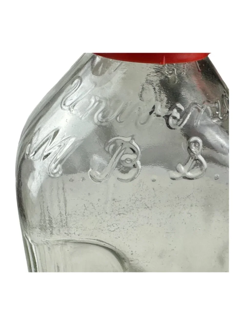 Vintage Glass Milk Bottle With Red Handle - Embossed Script Design - 10 Inches T